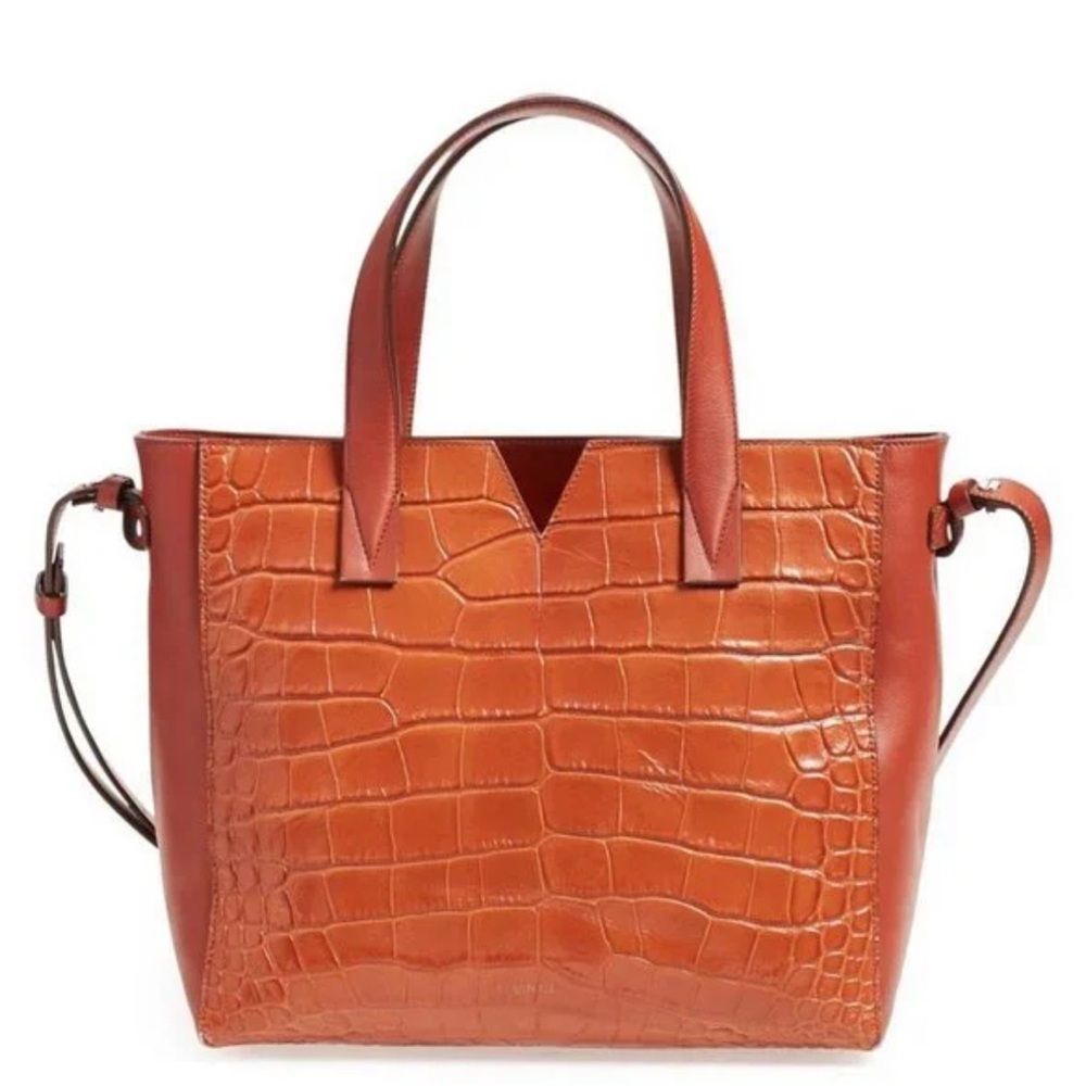Vince Signature V crocodile embossed leather tote